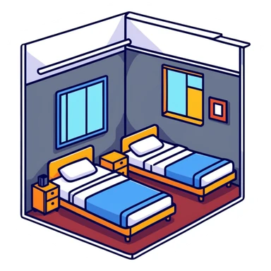Cozy hotel room with bed and window sticker