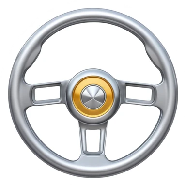 A futuristic steering wheel emoji made of silver chrome, minimal geometric design, smooth metallic surface, soft reflections, iOS emoji style, centered, clean white background sticker
