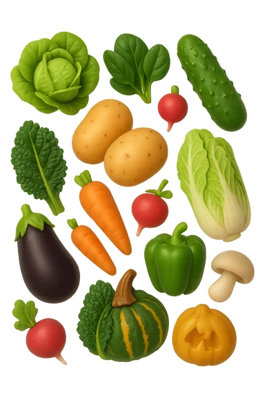 emoji stile iphone 3d di Lattuga, spinaci, cavolo cinese, cavolo nero
Patate, carote, rape, ravanelli
Melanzane, cetrioli, peperoni verdi
Funghi ostrica
Zucca kabocha
 che fluttuano in aria, iperealistico 4k sticker
