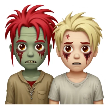 make two zombie boys, one with dreadlocks half blonde and half black, short, and the second with dreadlocks also with red roots, and hair reaching the shoulders  sticker