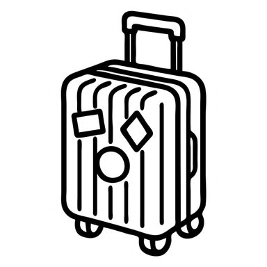 ribbed suitcase with wheels and handle, decorated with traveler stickers, drawn at three-quarter view, strong contours, sharp shadows and highlights, no soft color transitions sticker