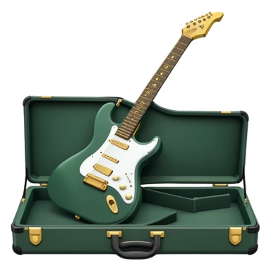 minimalist electric guitar in dark green, closed inside a black rectangular hard case with gold latches, soft matte textures, simplified details sticker
