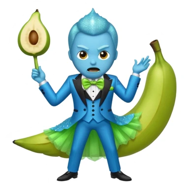 Angry blue banana fruit wearing a sparkly lime green tuxedo and tutu sticker