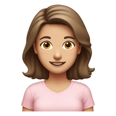 a brown-haired girl with brown eyes in a pale pink T-shirt smiles and has medium-length hair with a small pink bow on her head sticker