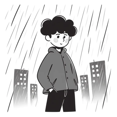 Anime boy protagonist standing in pouring rain, dramatic anime scene sticker