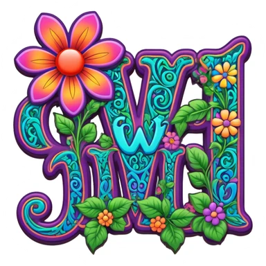3D, gothic style psychedelic colored word “Gwynn” with hippie style flower border sticker
