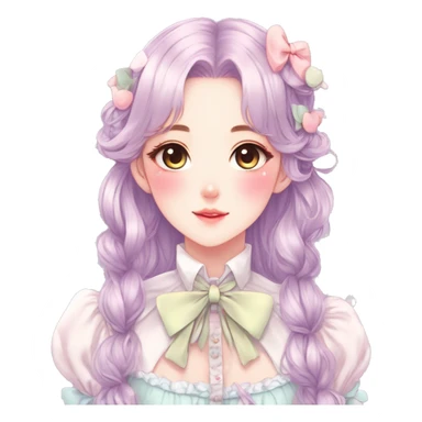 Gorgeous pastel anime style lady with blushing face and laces bow ties necklace cottagecore fairycore pastelcore colorful pearly romantic simplistic aesthetic trending style sticker
