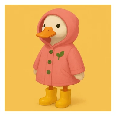 A duck wearing a pink hooded coat with green buttons and a green leaf on the chest, and yellow boots. The background is plain and yellow. sticker