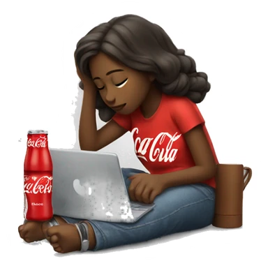 tired girl with laptop drinking coca-cola sticker