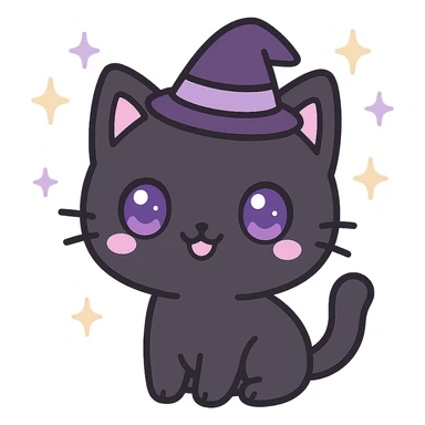 kawaii style magical gothic cat, cute face, black fur, purple eyes, wearing a tiny witch hat, sparkling stars, playful and enchanting sticker