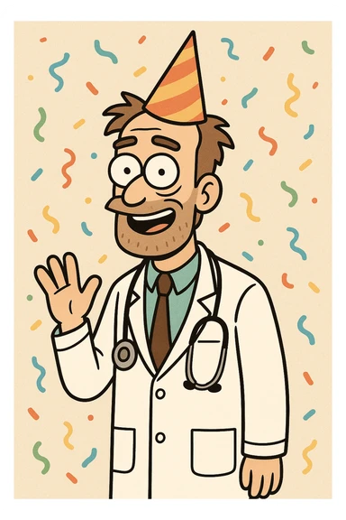 cartoon doctor in lab coat, festive party hat, confetti background sticker