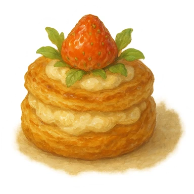 realistic whimsical pastry, natural colors, soft, fairy-like atmosphere, no background, square size sticker