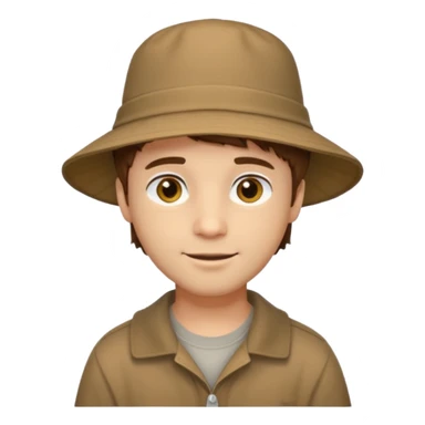 A light-skinned man with short brown hair, golden-brown eyes, and a soft smile, wearing a wide-brimmed brown bucket hat. sticker