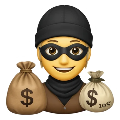 smiley robber wears black eye mask and black beanies with one money bag beside him sticker