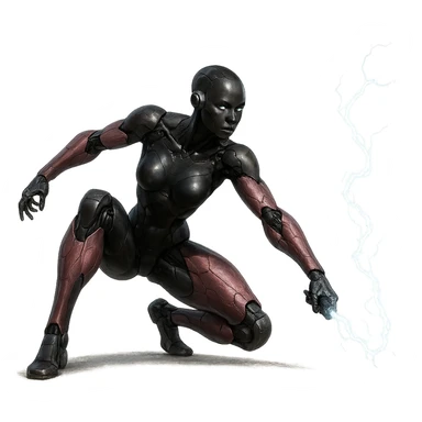 slim, powerful black female robot with small ear pieces, pink hexagonal arms and legs, crouched and ready to strike with a lightning whip, dynamic, realistic pose, no border, transparent background, realistic art style sticker
