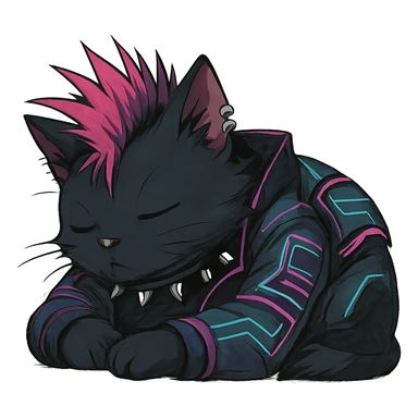  a cat laying down his head to nap, punk gothic style, futuristic cyberwave cyberpunk, sitting position sticker