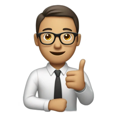 man wearing glasses and holding a computer in his right hand and signaling OK with his left hand sticker
