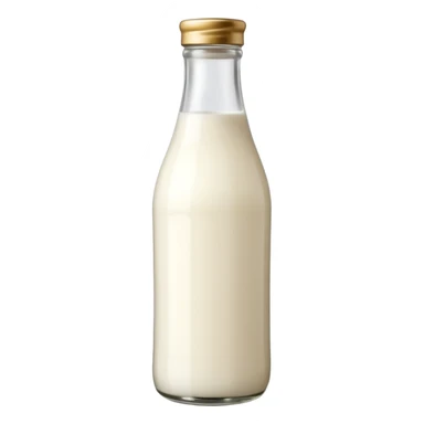 tall clear or opaque glass bottle filled with creamy white liquid, sealed with simple cap, soft natural shape, faint label hinting goat origin, no text or branding, milk richer tone than cow's milk, soft lighting, subtle shadows, emoji scale sticker