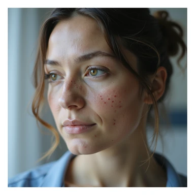 realistic woman with PCOS, face with acne marks and chin hair, slightly thinning hair, medical atmosphere, hyperrealistic 4K details sticker