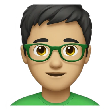 boy with green eyes, glasses, with black short hair, with green t-shirt sticker