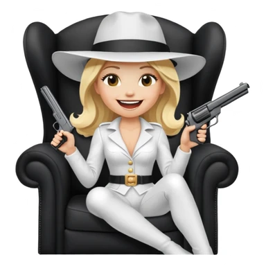 Mafia blondes Laughter lol woman in hat , gun ,black armchair , white costume  sticker