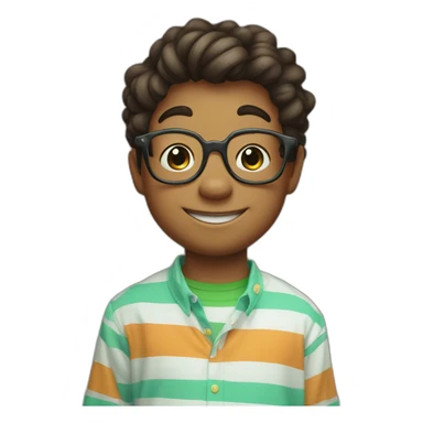 yoshi smiling with a skinny five year old boy with glasses in a striped shirt sticker