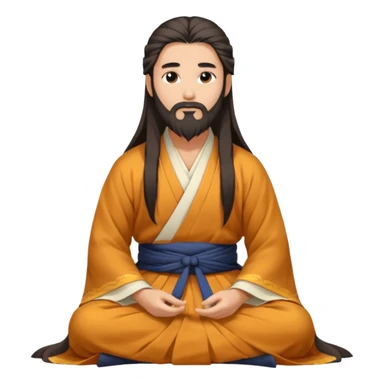 Beautiful man with lightly tan skin and dark long beard, long hair, in Hanfu sitting on the ground sticker