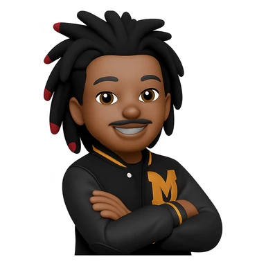 Create a male African American emoji with his hairstyle and features from the first reference photo, wearing a letterman jacket with an M on it, arms crossed and smiling, with a pencil mustache. The style should match the 3D cartoon style of the second reference image. Remove the background. sticker