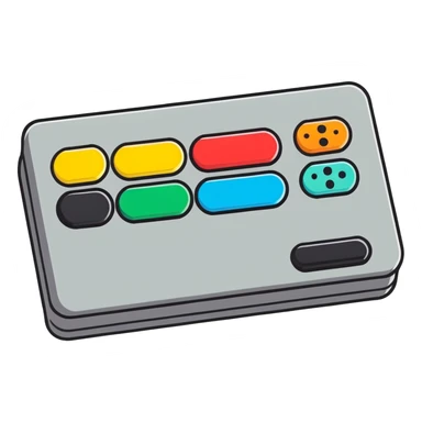 Gray rectangular game button box with black cord and four multicolored small circle buttons sticker