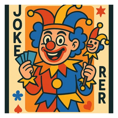 wacky joker clown playing card, vibrant colors, playful expression, whimsical details sticker