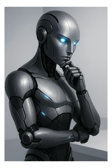 a futuristic robot in a sleek design, glowing eyes, thoughtful pose sticker