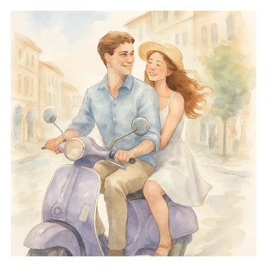watercolour style, couple on a scooter, city street background, light and airy feel sticker