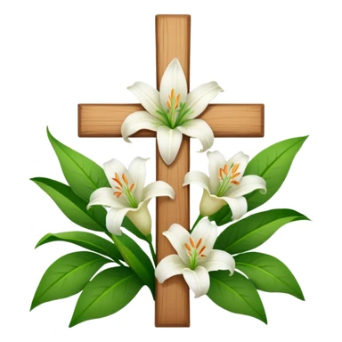 A wooden cross with white lilies around the bottom. sticker