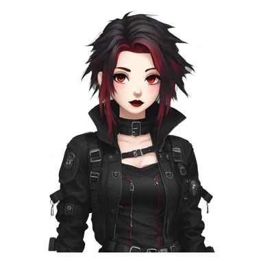 Gorgeous gothic dark techwear anime style lady with blushing face aesthetic and pretty edgy black red punk messy hair with collar and harness trending style sticker