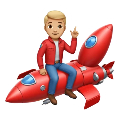 man with red clothes and blue yeanse. sitting on a rocket sticker
