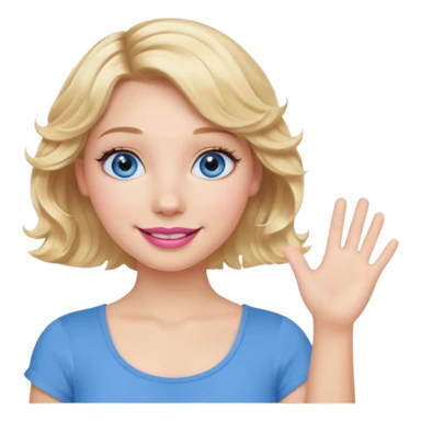 Girl Blonde short wavy hair,  blue eyes, cute blue top, long lashes, pink lips, smiling, waving hello  sticker
