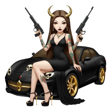 Sensual woman long brown straight haired sexy drug lord woman with tattoos on arm sleeves and black thick butt platform high heels on her feet, and devil black horns on her head, she is holding a skull head and a gun. Sitting on gold car full of gold , long black dress with sexy slit sticker