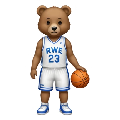 Bear with full body and wearing basketball white  jersey that says RWE  sticker