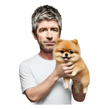 Noel Gallagher holding a pomeranian sticker