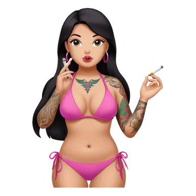 caucasian curvy girl, with tattoos, in pink bikini, smoking, with a long straight black hair  sticker