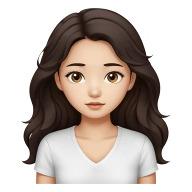 iOS style emoji. girl with very long dark brown wavy hair. And the eyes color is dark brown. And she is wearing white t shirt with V kneck. And she is 30. She is Asian with double eyelids  sticker