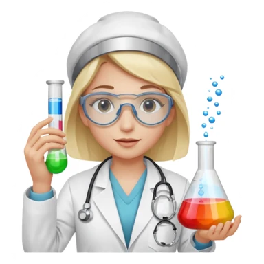 A person wearing safety goggles, a stethoscope, and a white coat. In one hand they hold a test tube containing chemicals  sticker