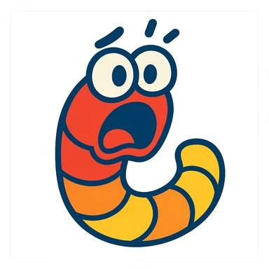 a cartoon gummy worm looking shocked, bright colors, exaggerated face sticker