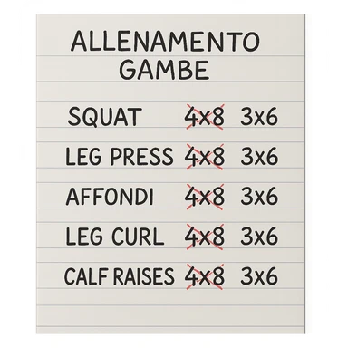 foglio di carta con scheda di allenamento gambe in italiano con volume di allenamento ridotto (fai alcuni esercizi con 4x8 scritti in precedenza sbarrati in rosso e la correzione accanto tipo 3x6), scrivila al meglio che puoi sticker