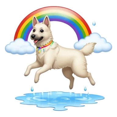 White belgian Shepard jumping over Rain puddles. There is a rainbow in the sky sticker