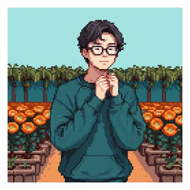 A young man with short black hair and glasses, standing outdoors with both hands forming a flower pose under his chin, wearing a dark teal sweatshirt, bright cheerful vibe, blurry street scene with cars and trees in the background, detailed pixel art style sticker