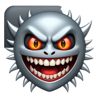 Stylized emoji icon of metallic teeth with sharp fangs, chrome texture, dark shadows, aggressive look sticker