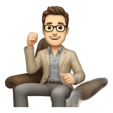 Joyful Celebrating victory Hands up Pale skinned Fit Man With dark brown hair in gray jacket, beige office shirt, Brown pants and vintage glasses sitting In a soft chair sticker