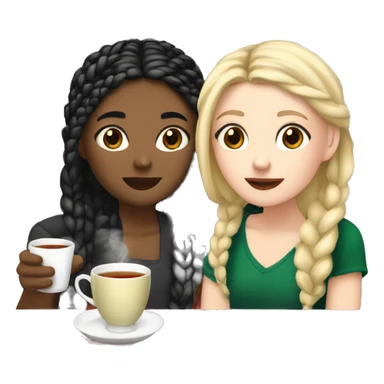 White girl with blonde hair and Asian girl with black hair in braids, drinking tea at Christmas time sticker