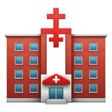 A hospital building with a large red +. In PNG format. sticker